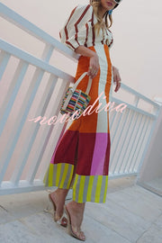 Kaya Linen Blend Color Block Print Front Cutout Knot Puff Sleeve Maxi Dress