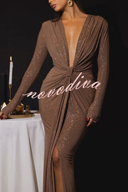 Solid Color Shiny Sexy V-neck Long Sleeve Ribbon Slit Slim Fit Maxi Dress