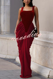 Fashionable Velvet Patchwork Square Neck Sleeveless Draped Maxi Dress