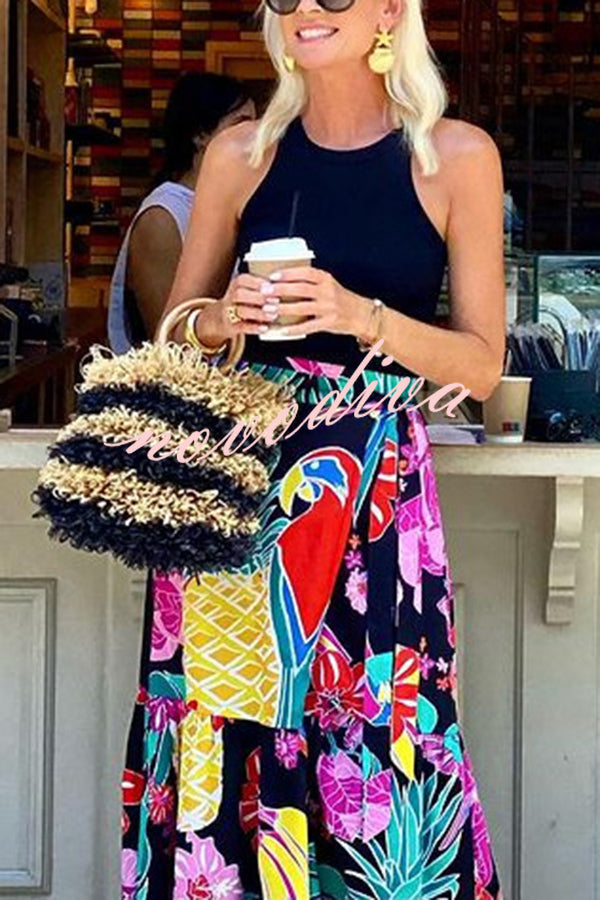 Tropical Flowers and Birds Print Loose Holiday Maxi Skirt