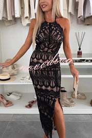 Paulette Unique Lace Halter Backless Slit Stretch Midi Dress