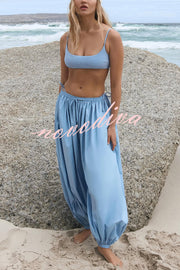 Solid Color Casual Pocket Elastic Waist Lantern Wide Leg Pants