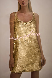 Golden Charm Impact Large Sequins Scoop Neck Tank A-line Mini Dress
