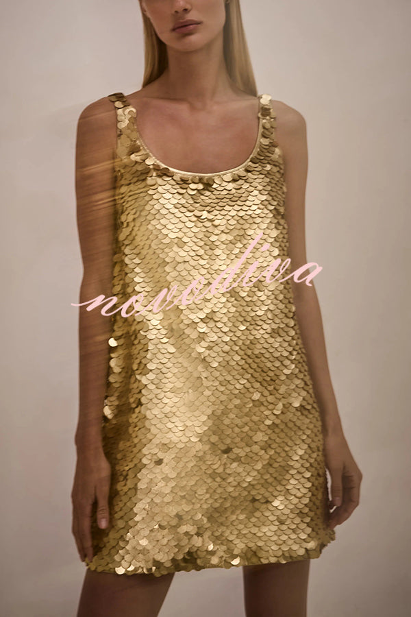 Golden Charm Impact Large Sequins Scoop Neck Tank A-line Mini Dress