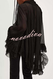 Flowy See-through Ruffle Tie-up Neck Bell Sleeve High-low Hem Cape Shirt