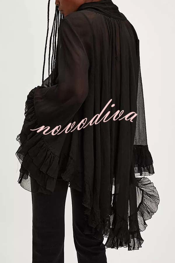Flowy See-through Ruffle Tie-up Neck Bell Sleeve High-low Hem Cape Shirt