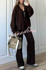 Solid Color V-neck Tie Long-sleeved Loose Knit Cardigan and Elastic Waist Casual Straight Leg Pants Set
