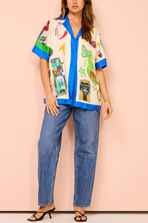 Vibrant Beach Satin Unique Print Colorblock Trim Button Down Oversized Blouse