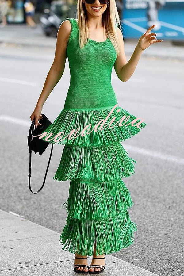 Solid Color Sleeveless Slim Fit Fringed Hem Knitted Midi Dress