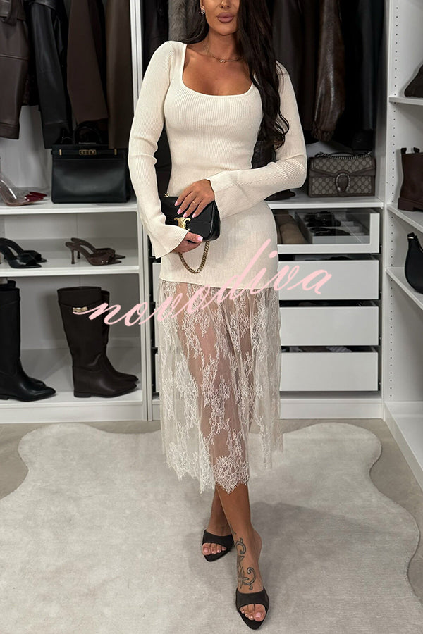 Ellie Ribbed Knit Square Neck Long Sleeve Lace Patchwork Hem Midi Dress
