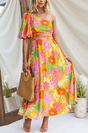 Coriene Floral Print One Shoulder Puff Sleeve Maxi Dress