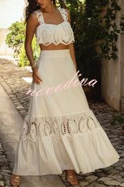 Summer City Hollow Lace Crop Tank and Elastic Waist Pocketed A-line Maxi Skirt Set