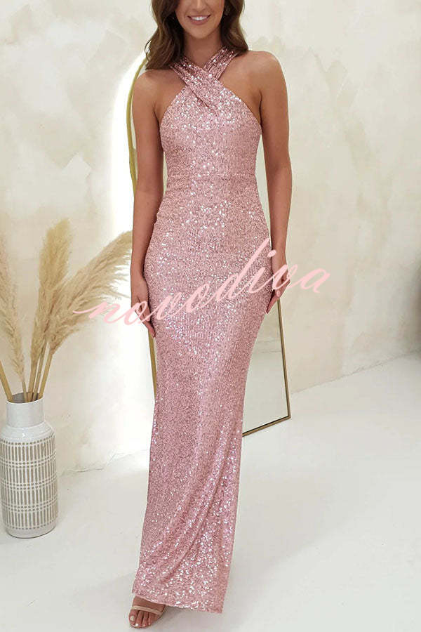 Time To Sparkle Sequin Cross Halter Neck Backless Maxi Dress