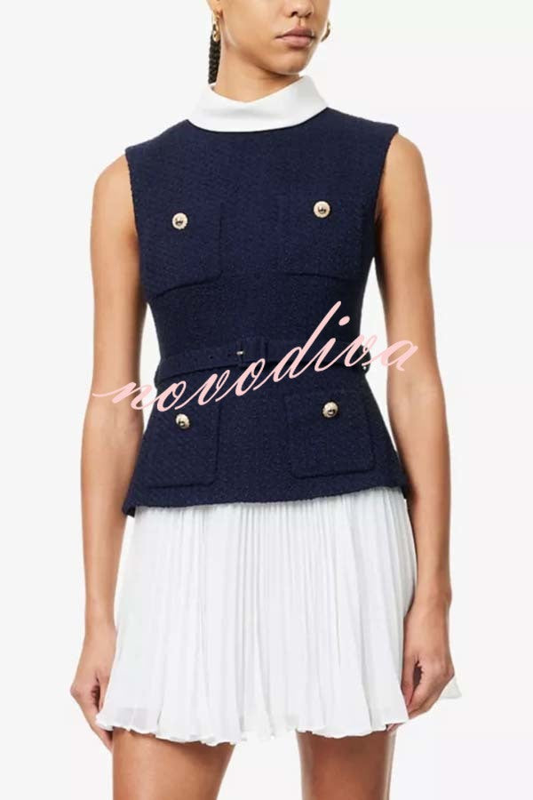 Sporty Elegance Tweed Metal Button Belted Pleated Hem Mini Dress