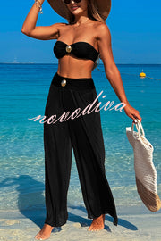 Solid Color Loose Metal Buckle Beach Pants