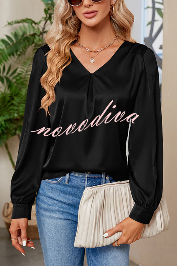 Satin Pleated V-neck Long-sleeved Loose Shirt