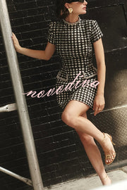 Eve Check Bouclé-tweed Fabric Pearl Trim Short Sleeve Pocketed Mini Dress