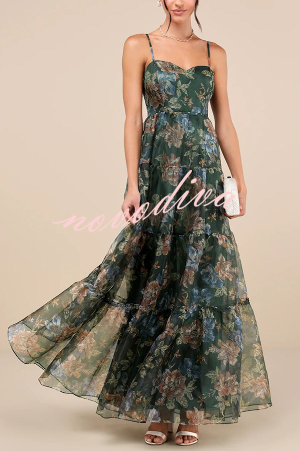 Exclusive Glamour Organza Floral Print Tiered Slip Maxi Dress