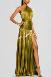 Glamorous Metallic Pleated Fabric Open Back Halter Slit Maxi Dress