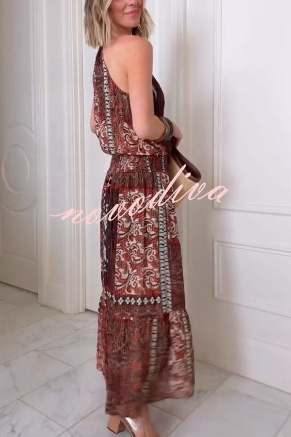 Ethnic Boho Colorblock Print Elastic Waist Resort Style Maxi Dress