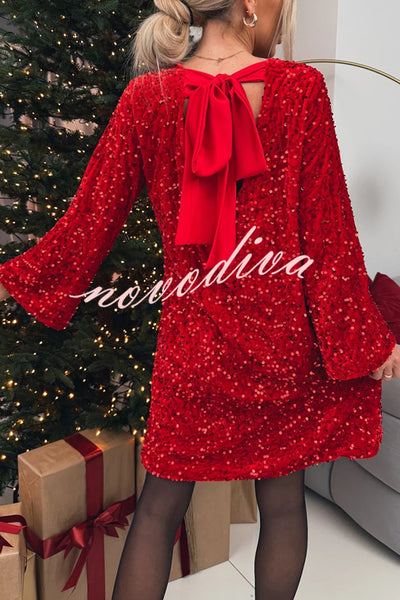 Velvet Sequin Back Bow Bell Sleeves Loose Mini Dress