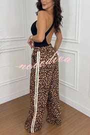 Sporty Fashion Leopard Stripe Print Elastic Waist Pocketed Wide Leg Pants