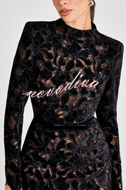 Diane Velvet Embroidered Floral Lace Long Sleeve Belt Scallop Edge Midi Dress