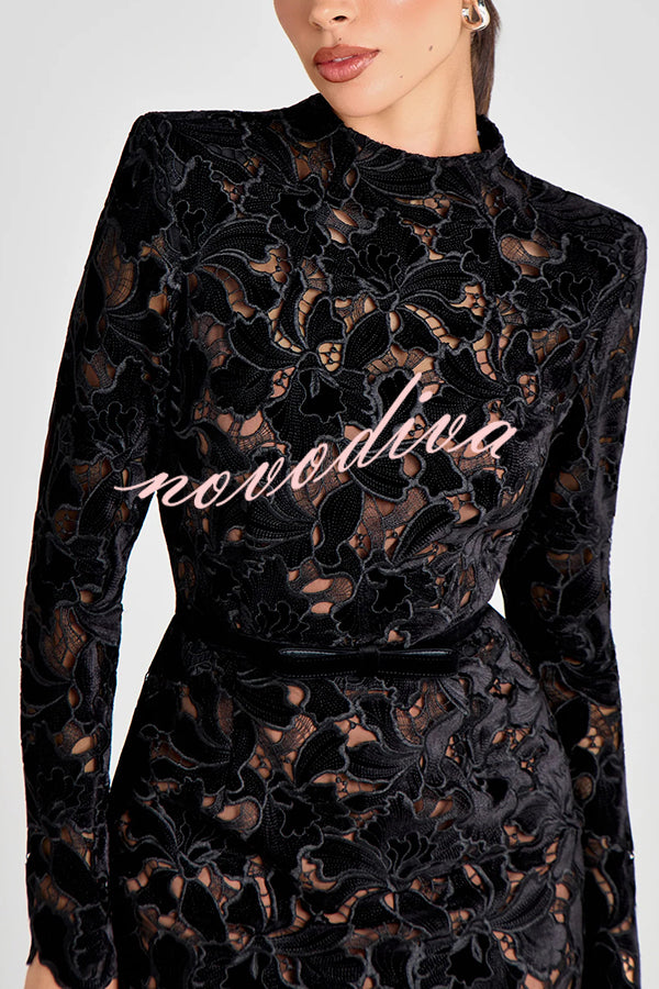 Diane Velvet Embroidered Floral Lace Long Sleeve Belt Scallop Edge Midi Dress