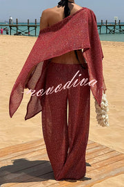 Vacation Knit Shiny Fabric Batwing Sleeve Cape Top and Cover-up Elastic Waist Loose Pants Set