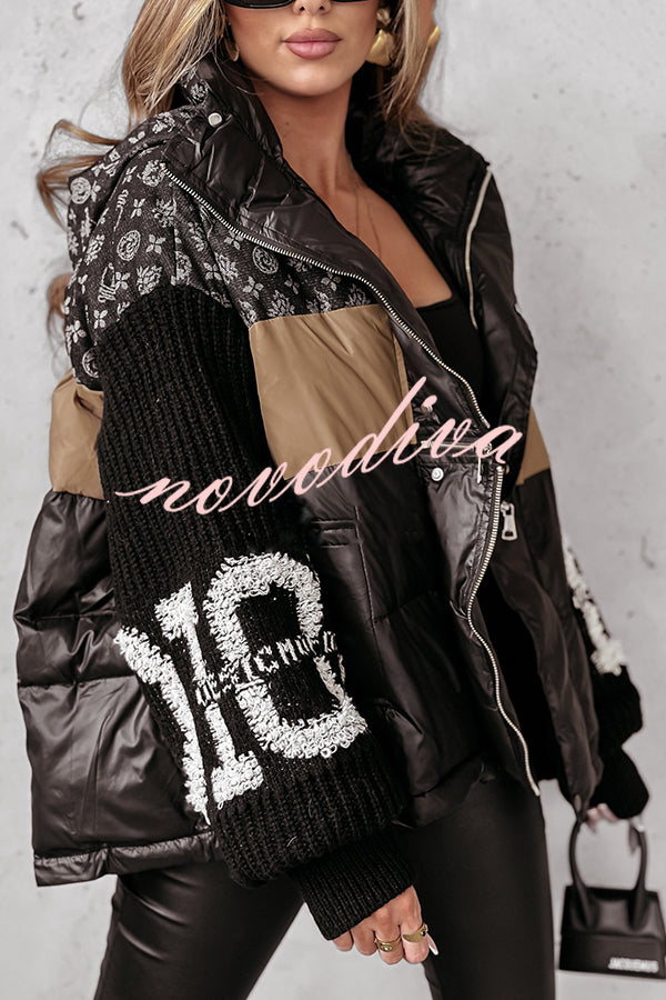 Stylish Denim Knit Long-sleeved Patchwork Hooded Pocket Thickened Jacket