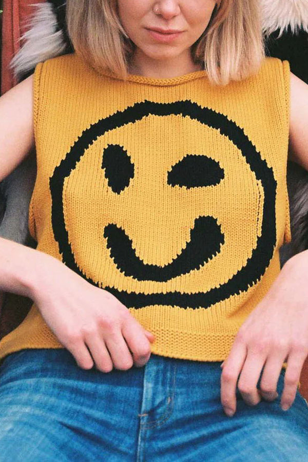 Always Happy Face Knit Unique Pattern Versatile Loose Tank Top