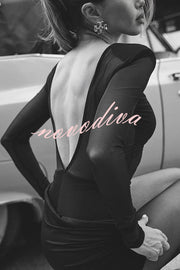 Sexy Mesh See-through Long-sleeved Backless Pleated Rompers