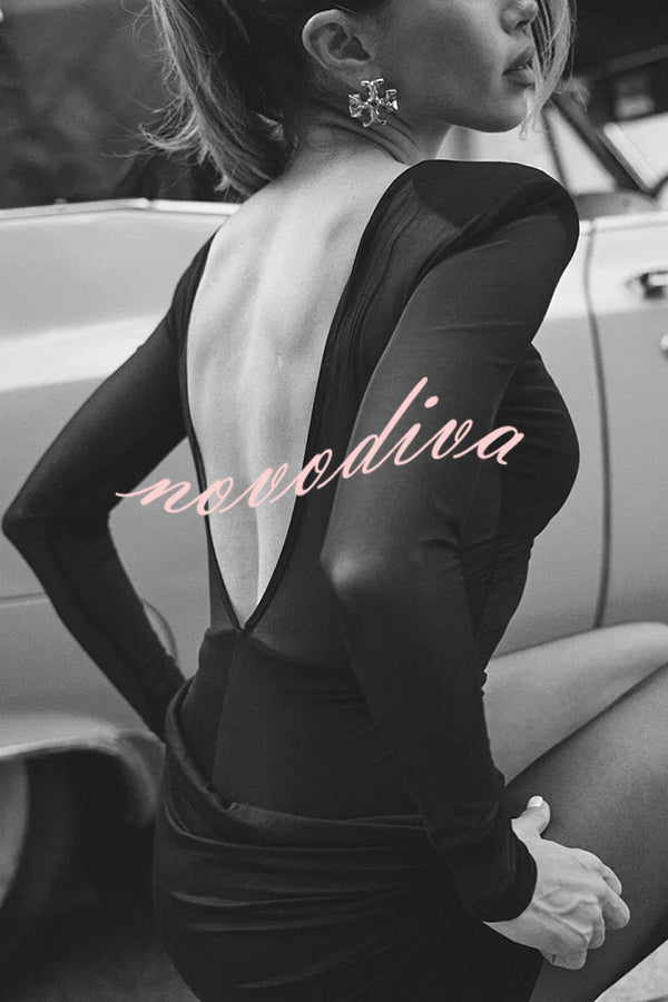 Sexy Mesh See-through Long-sleeved Backless Pleated Rompers