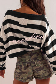 Striped Print Crew Neck Long Sleeve Loose Knitted Sweater