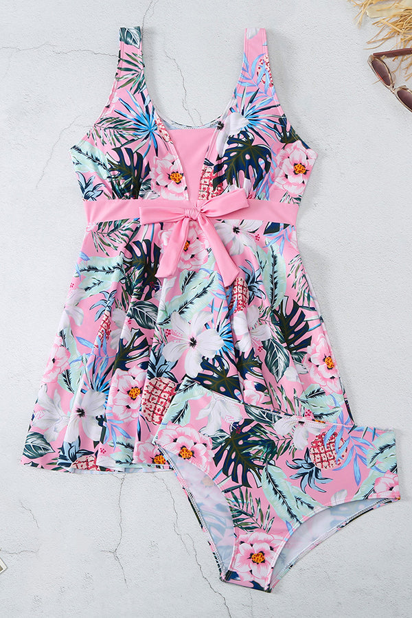 Cheerful Floral Print Bow Detail Tankini Swimsuit Set