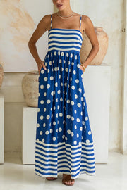 Striped Polka-dot Print Sling Pleated Open-back Maxi Dress