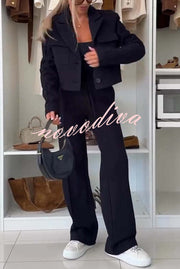 Fashion Lace Panel Long-sleeved Crop Top and Elastic Waist Tie Pocket Casual Pants Set