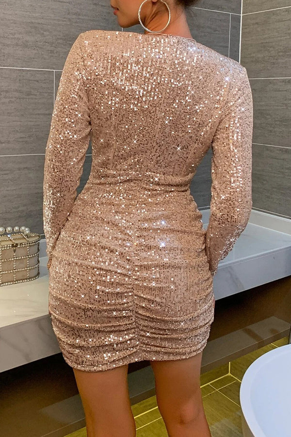 V Neck Wrap Hip High Waist Sequin Mini Dress