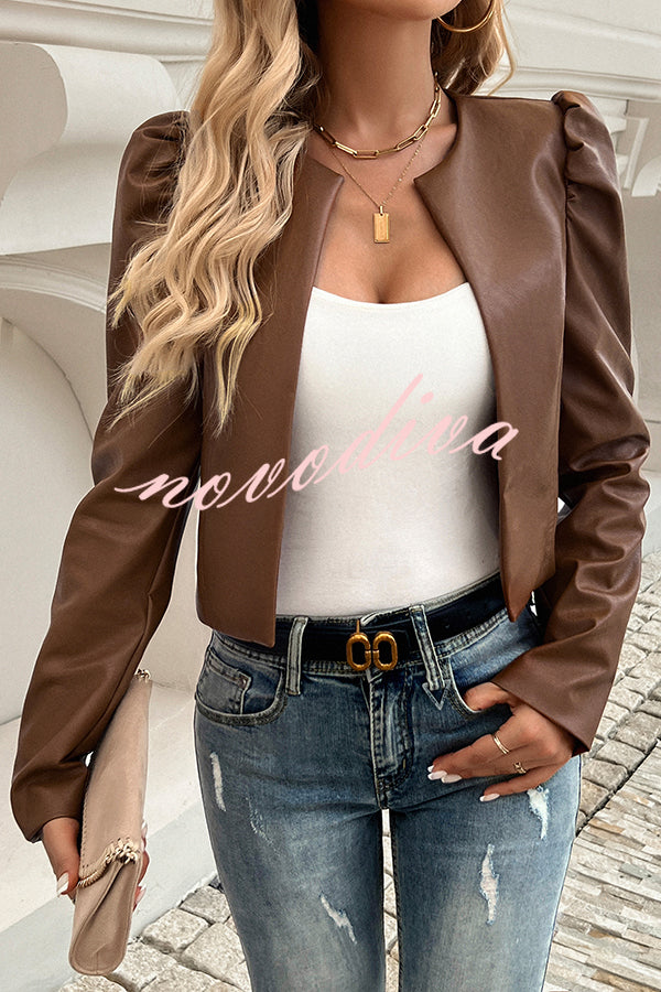 Yelissa Faux Leather Statement Long Sleeve Open Front Crop Jacket