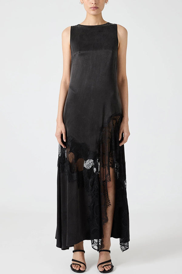 Pretty Soul Satin Lace Trim Wide Neck Irregular Hem Slit Maxi Dress
