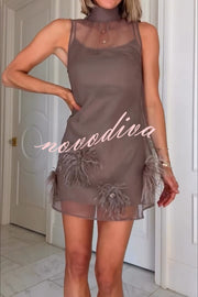 Playful Charm Sheer Chiffon Embellished Feather Back Bow H-line Mini Dress