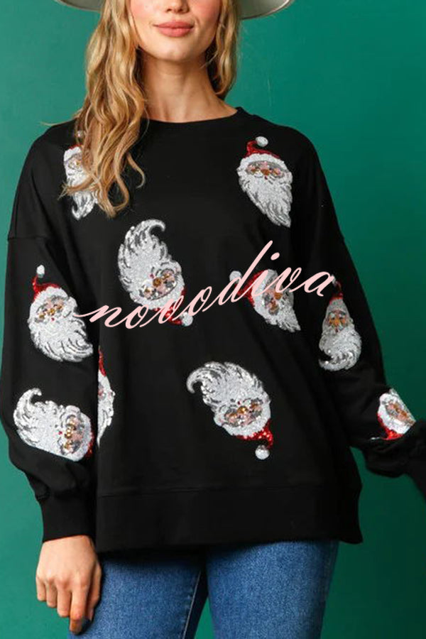 Santa Honey Sequin Christmas Pattern Loose Sweatshirt