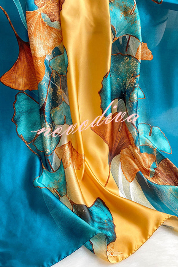 Ginkgo Leaf Printed Mid-Length Multifunctional Silk Scarf