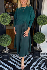 Practical Fashion Knit Ruched Sweater and Satin Stretch Tank Midi Dress Two-piece Set