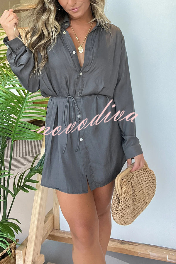 Solid Color Long Sleeve Button Casual Shirt-Style Rompers
