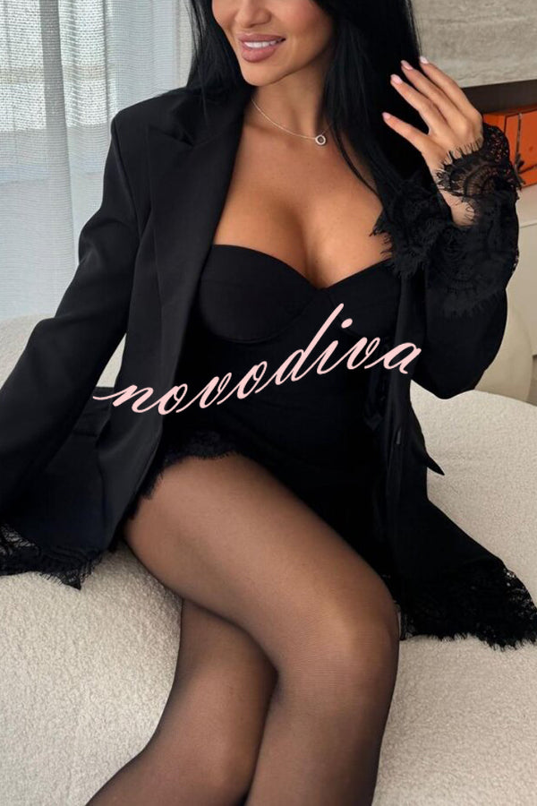 Amazing Items Lace Trim Button Up Long Sleeve Lapel Loose Blazer