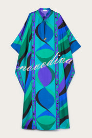 Holiday Choice Satin Unique Print Drape Wide Sleeve Loose Kaftan Maxi Dress