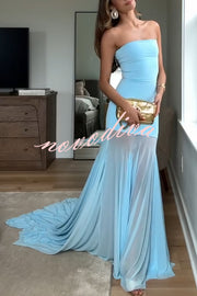 Blue Sky Off Shoulder Contrast Sheer Mesh Fabric Stretch Maxi Dress
