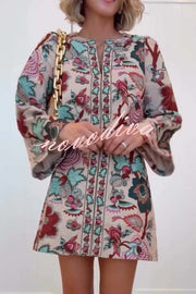 Autumn Garden Printed V-neck Long Bell Sleeve Top and Mid Rise Skirt Set