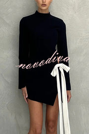 Fashionable Long-sleeved Hollowed-out Bow Slim-fit Mini Dress
